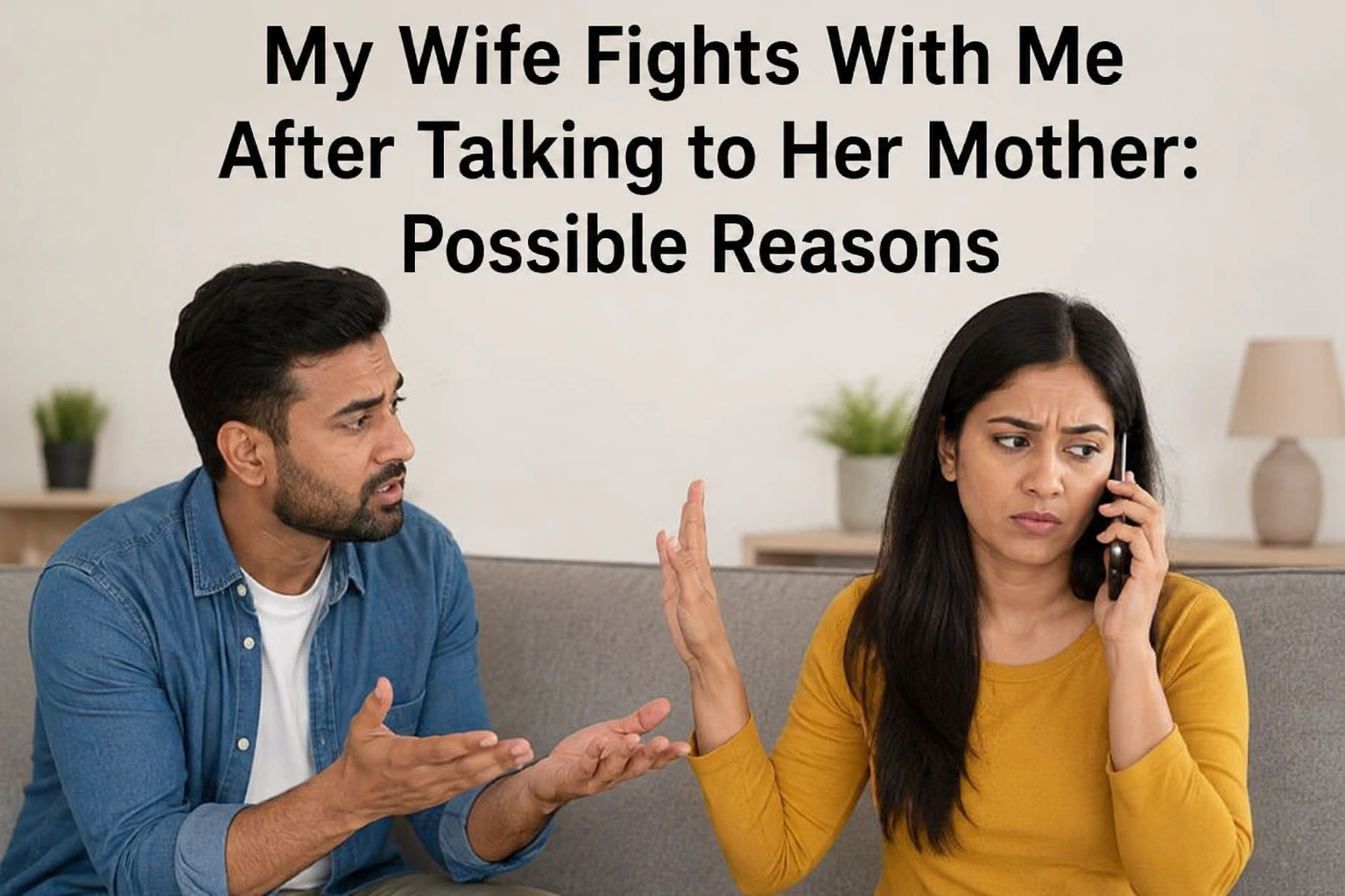A husband and wife are sitting on a couch at home. The wife is talking on the phone and looks upset, while the husband appears frustrated and is trying to speak with her. Large text at the top reads, "My Wife Fights With Me After Talking to Her Mother: Possible Reasons." The image represents relationship tension and communication problems between a married couple.